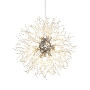9-Light Silver Modern Crystal Dandelion Chandelier for Living Room