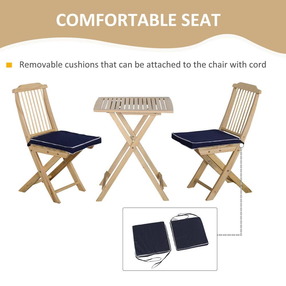 Dark Blue Pine Wood Folding Patio Bistro Set with Cushions