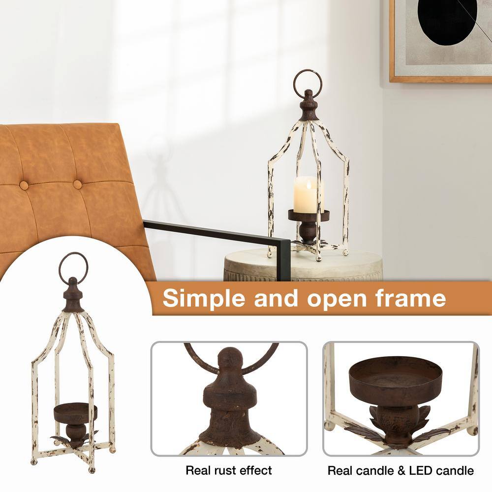 Distressed White and Brown Metal Hanging Candle Lanterns Set of 2