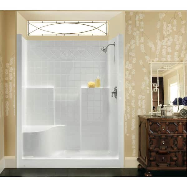 Aquatic Everyday Diagonal Tile AFR 48 in. x 36 in x 79 in. 1-Piece Shower Stall with Left Seat and Center Drain in Biscuit