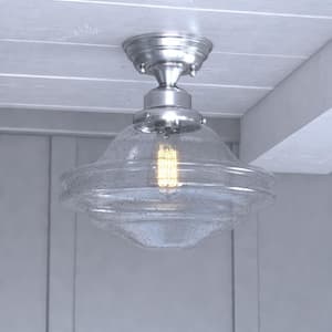 Huntley 12 in. W Satin Nickel Farmhouse Schoolhouse Semi-Flush Mount Ceiling Light Clear Glass