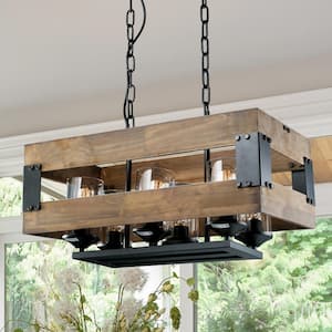 Wood Chandelier Farmhouse Brown Island 6-Light Rectangular Rustic Black Chandelier with Cylinder Clear Glass Shades