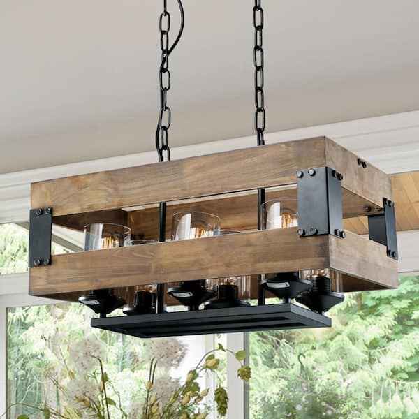 LNC Wood Chandelier Farmhouse Brown Island 6-Light Rectangular Rustic Black Chandelier with Cylinder Clear Glass Shades