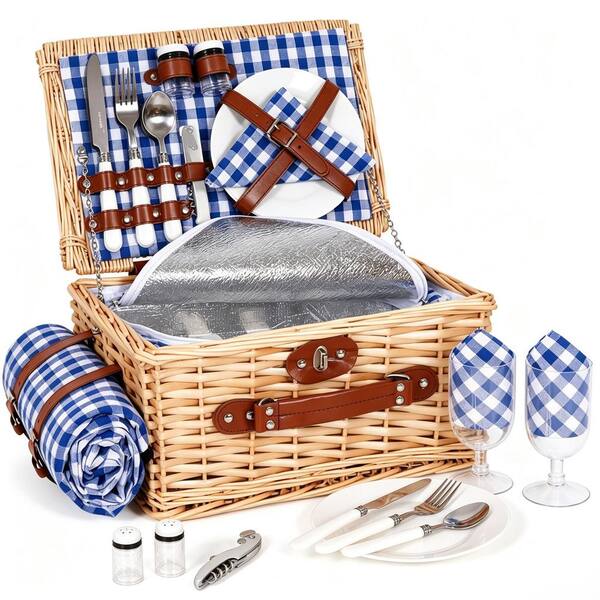 Blue Picnic Basket Set for 2, Wicker Picnic Basket with Waterproof Blanket Insulated Liner, Large Handmade Willow Hamper