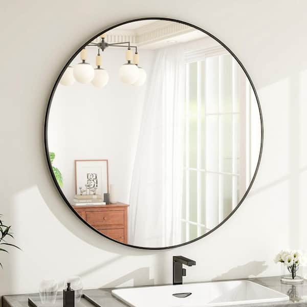 35 in. W x 35 in. H Large Round Metal Framed Wall Bathroom Vanity Mirror Black