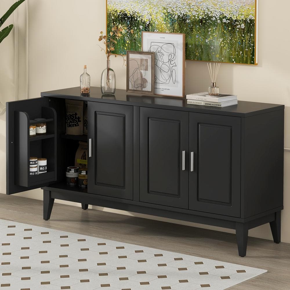 Black Rubberwood and MDF 60" Modern Sideboard with Adjustable Shelves