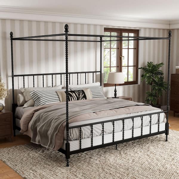 Cathy Black Metal Frame King Canopy Bed With Spindle Posts