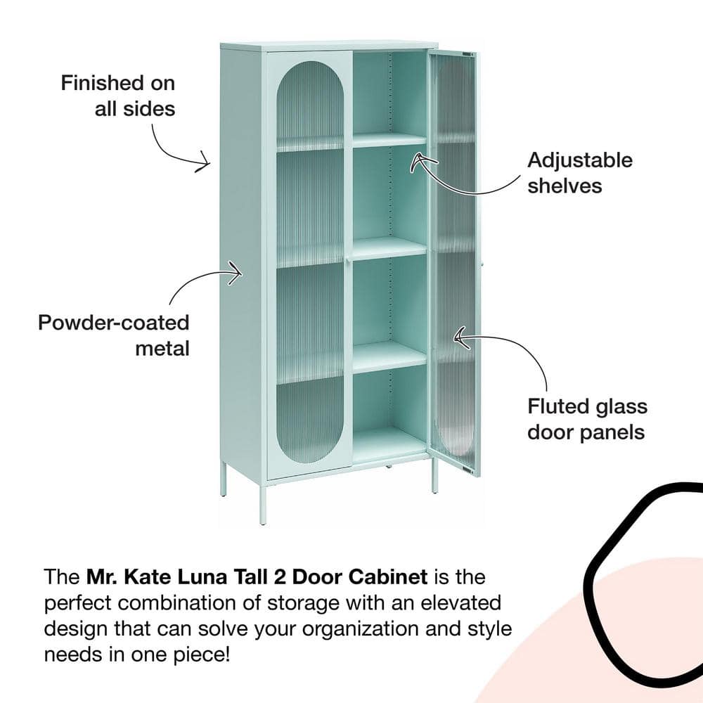 Sky Blue Tall Metal Accent Cabinet with Fluted Glass Doors