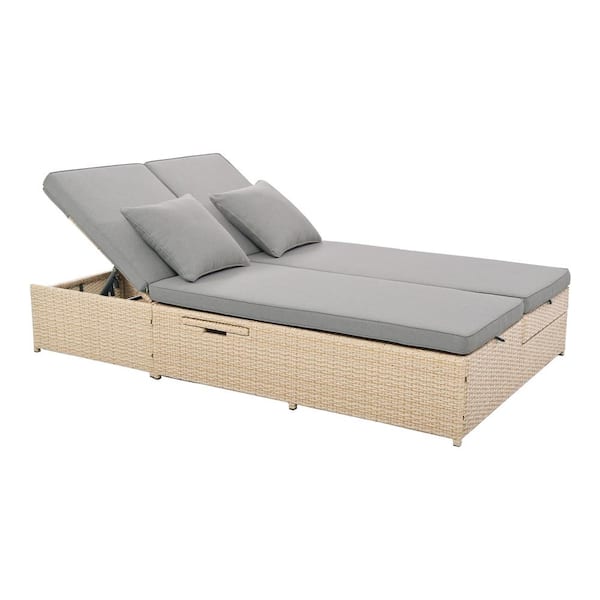 Unbranded Brown Wicker Rattan Outdoor Patio Reclining Double Day Bed Chairs with Adjustable Backrest and Seat with Cushion in Gray