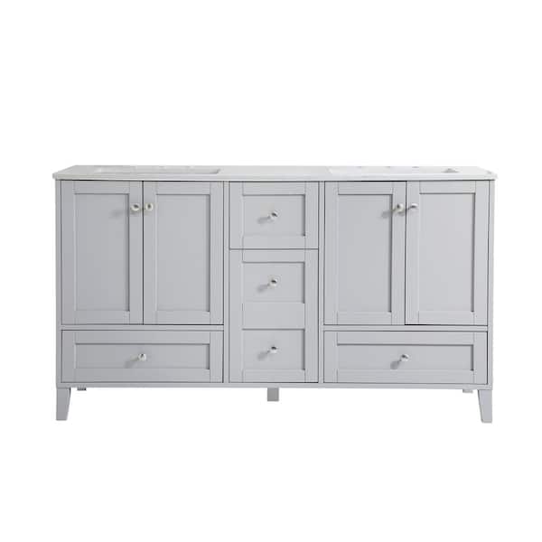 Unbranded Simply Living 60 in. Double Bathroom Vanity in Grey with Engineered Marble Vanity Top in Calacatta White