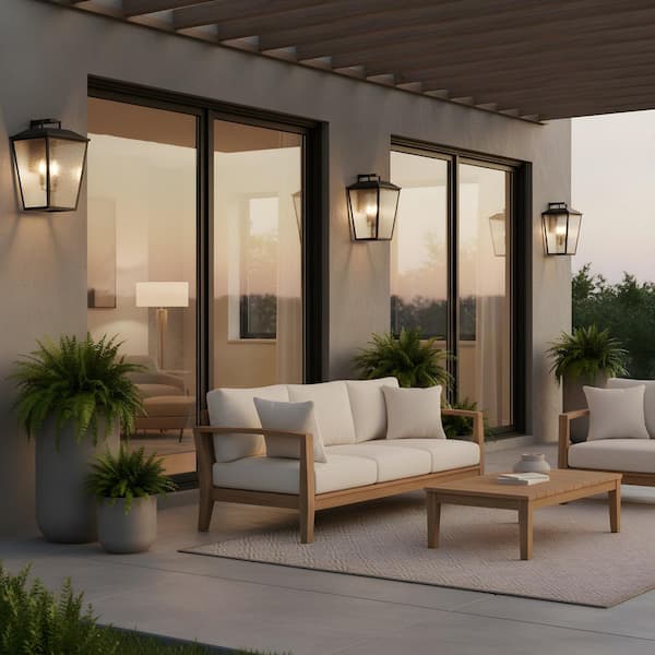 Kennewick 10.75 in. W x 16.5 in. H 3-Light Textured Black Outdoor Wall Lantern with Distressed Seeded Glass Shade