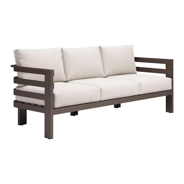 Bal Harbor Brown Frame 1-Piece Powder Coated Aluminum Frame Outdoor Couch with White Cushions