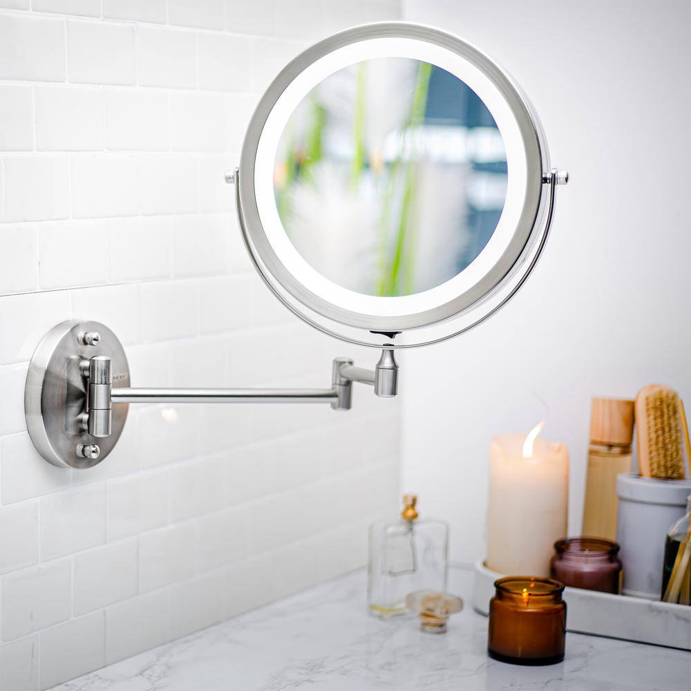 Nickel Brushed Round LED Wall Mounted Magnifying Mirror