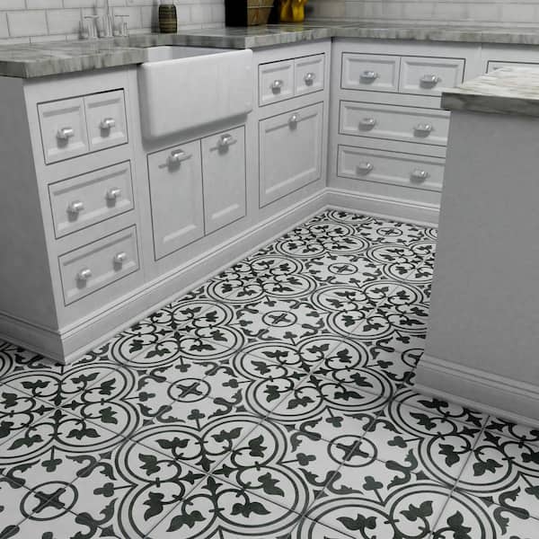 Merola Tile Arte White Encaustic 9 3 4, Black And White Tiles For Kitchen Floor