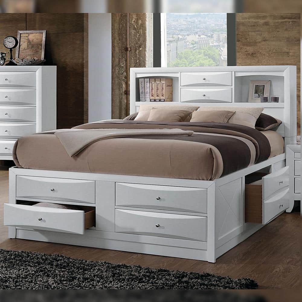 Elegant Full-Size White Wood Frame Storage Bed with Bookcase Headboard