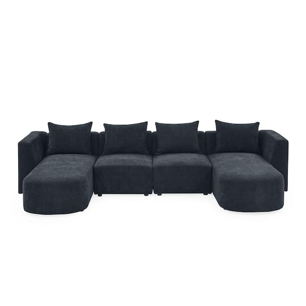 ANGELES HOME 4-Piece U-Shaped Polyester Modular Sectional Sofa in Black