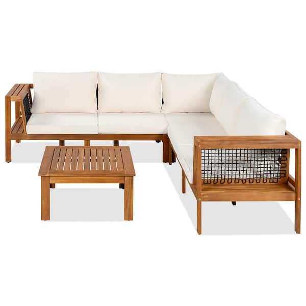 Mondawe 4-Piece L-Shaped Acacia Wood Outdoor Sectional Set with