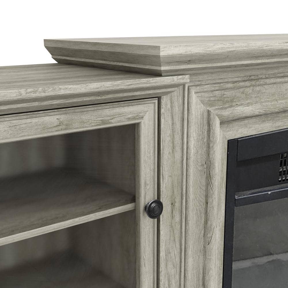 Gray Farmhouse TV Stand with Electric Fireplace and Cabinets