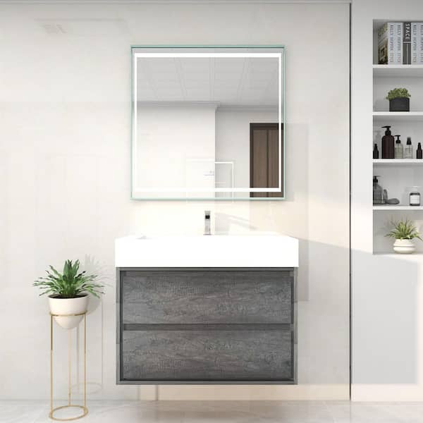 BV Better Vanity Saggie 36 in. W. x 20 in. D x 28 in. H Single Sink Floating Bath Vanity in Smoke Oak with White Acrylic Top