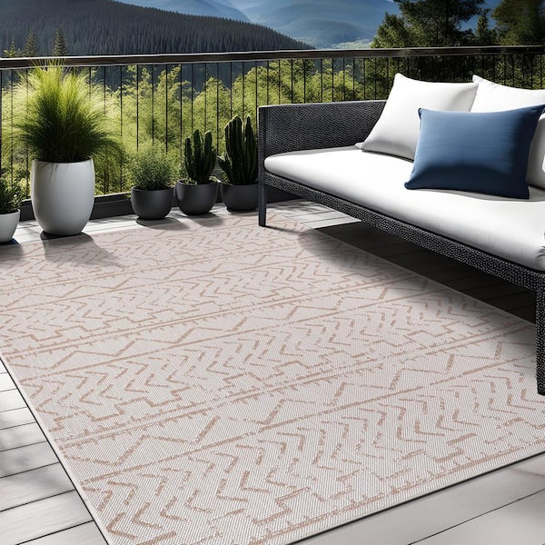 8 X 10 White Beige Waikiki Modern Trellis Indoor Outdoor Area Rug