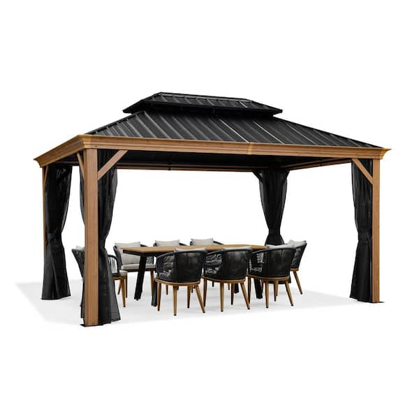 PURPLE LEAF 10 ft. x 14 ft. Hardtop Gazebo Galvanized Steel Roof Gazebo Pergola with Wooden Coated Aluminum Frame and Mosquito Net