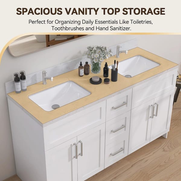 60 in. W x 22 in. D Engineered Stone Rectangular Double Sink Vanity Top in Carrara White with 4 in. H Backsplash