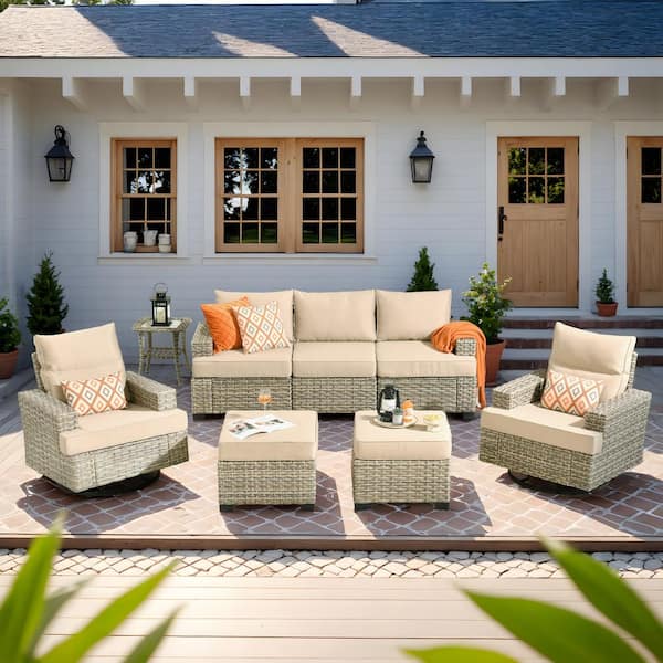 HOOOWOOO Kelleys 8-Piece Wicker Modern Outdoor Patio Conversation Sofa Set with Swivel Chairs and Beige Cushions