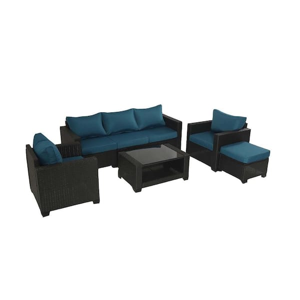 Unbranded 7-Pieces Dark Brown Wicker Outdoor Patio Conversation Set, with Peacock blue Cushion and Coffee Table, for Backyard