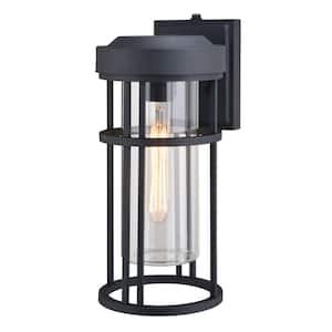 Crestline Black Aluminum 1-Light LED Compatible Dusk to Dawn Transitional Outdoor Cylinder Wall Sconce Clear Glass