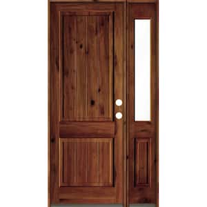 50 in. x 96 in. Knotty Alder Square Top Left-Hand/Inswing Clear Glass Red Chestnut Stain Wood Prehung Front Door w/RHSL