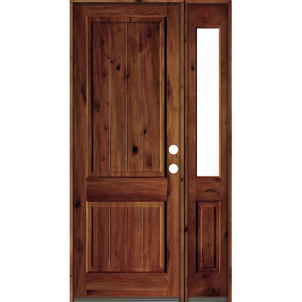 Krosswood Doors 56 in. x 96 in. Knotty Alder Square Top Left-Hand/Inswing Glass Red Chestnut Stain Wood Prehung Front Door with RHSL