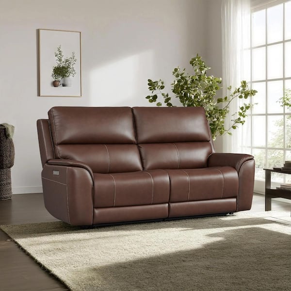 82 in. 2 Seats Genuine Leather Power Reclining Double Width Loveseat in Dark Brown