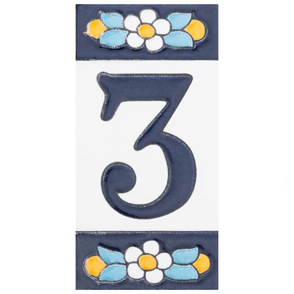 Sevillano Flora Address Numbers 3 2-1/8 in. x 4-3/8 in. Ceramic Wall Tile (0.07 sq. ft./Each)
