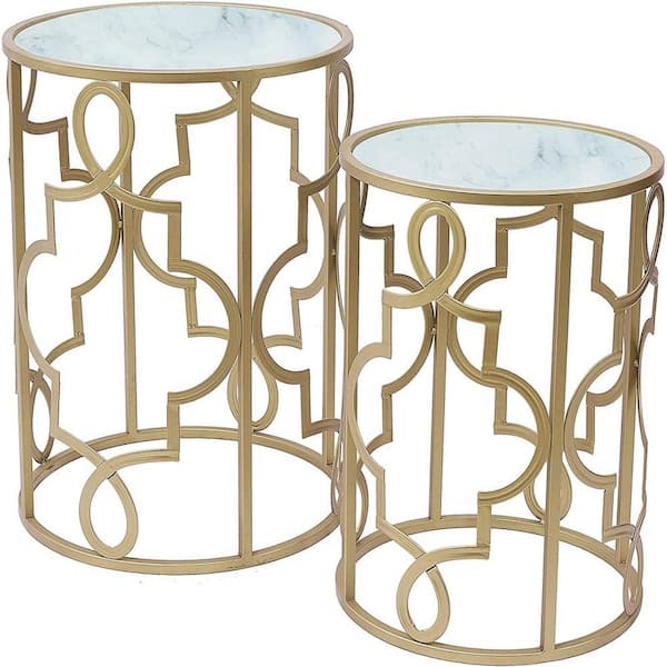 Huluwat 13.75 and 16.5 in. Gold Small Round Glass Coffee Table with 2-Pieces