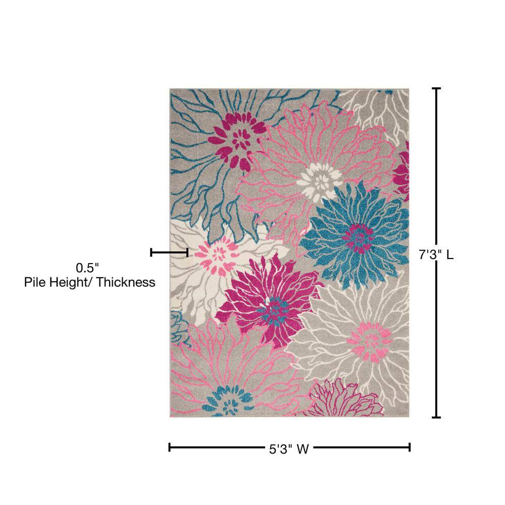 Gray and Pink Floral Synthetic 5' x 7' Area Rug