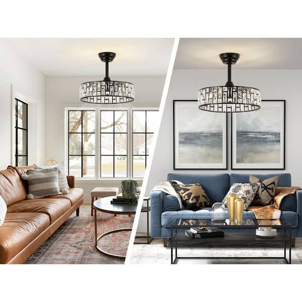 17.71 in. Indoor Modern Black Crystal Ceiling Fan Silent Remote Reversible Fan Blades