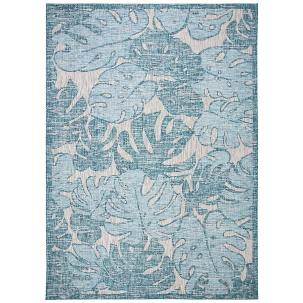 Courtyard Gray/Aqua 8 ft. x 11 ft. Geometric Indoor/Outdoor Patio  Area Rug