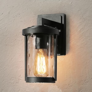 Modern Cylinder Outdoor Porch Wall Lantern Sconce 1-Light Matte Black Farmhouse Patio Wall Light with Water Glass Shade