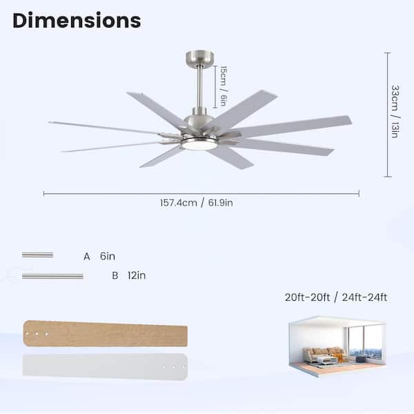 62 in. W 8-Blade Downrod Mount Ceiling Fans in Nickel with Dimmable Color and Remote, 6 Speeds Quiet Reversible DC