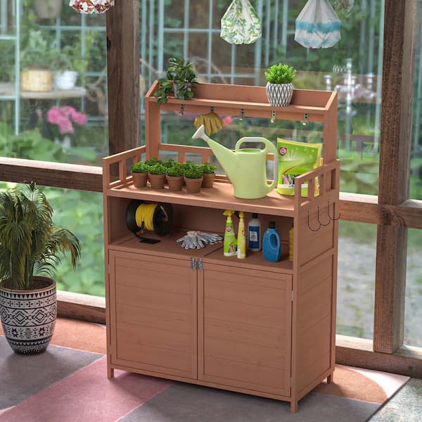 40 in. W x 19 in. D x 55 in. H Brown Wood Outdoor Storage Cabinet with Large Storage Cabinet and Top Shelf for Patio