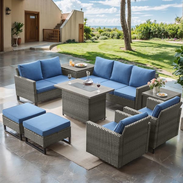 moosprr 9-Piece Gray Wicker Fire Pit Conversation Set with Olefin Blue Cushions and Sectionsal Sofa/Swivel Gliders