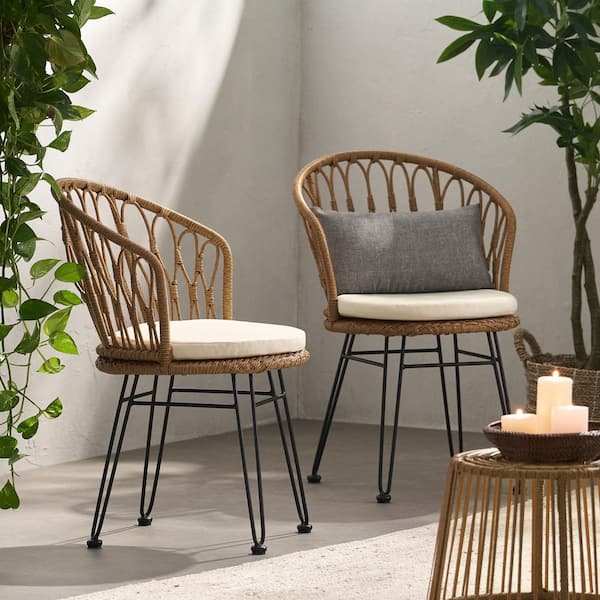 2-Piece PE Wicker and Iron Outdoor Lounge Chair with Beige Cushions