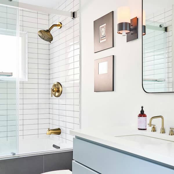 Single Handle 5-Spray Shower Faucet 1.8 GPM with High Pressure Balance, Corrosion Resistance in Brushed Gold