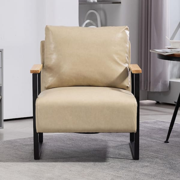 Khaki PU Leather Modern Mid Century Living Room Accent Chair, Armchair with Waist Cushion and Metal Frame