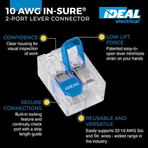 In-Sure Lever Wire Connector, 10 AWG, 2-Port Jar of 350