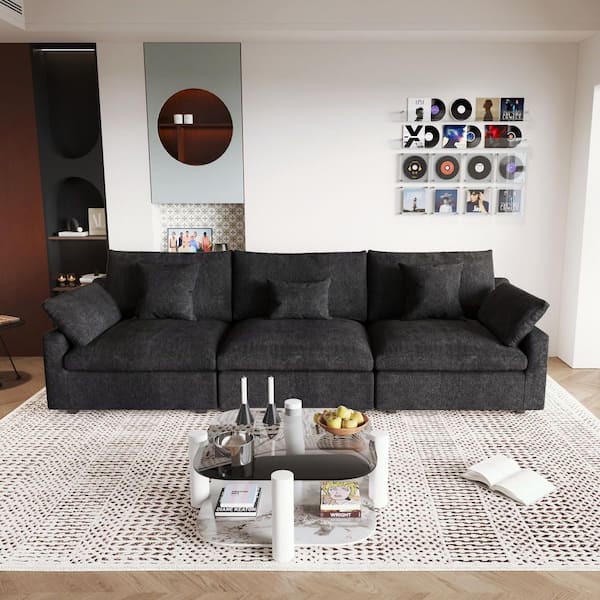 119 in. Square Arm Plush Linen Modular 3-Piece Love Couch Cloud Modular Sectional Sofa with Washable Covers in. Black