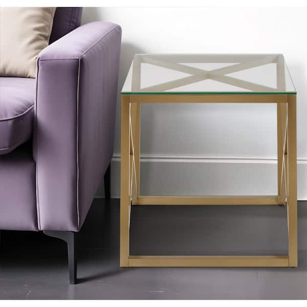 HomeRoots 20 in. Brass Square Glass End Table