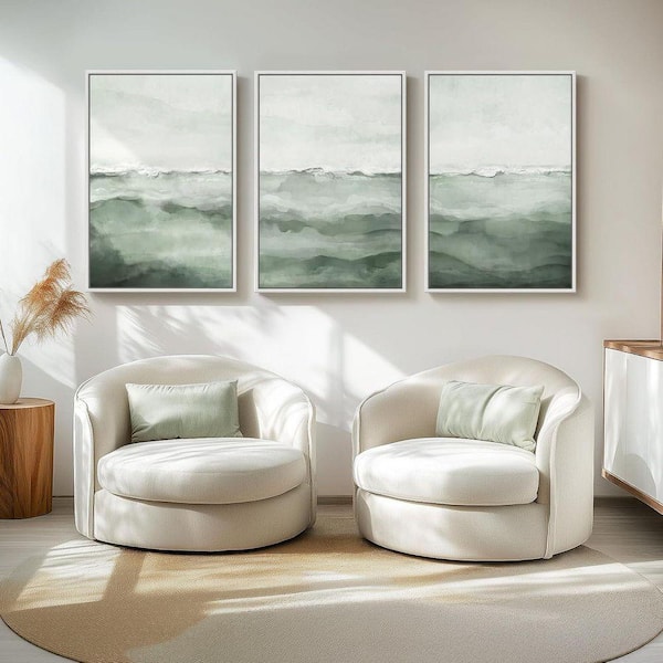 3 Piece Large Framed Sage Green Abstract Landscape Wall Art Poster