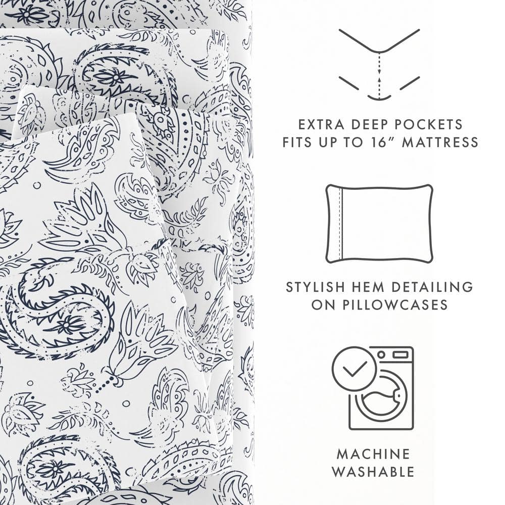 Navy Floral Deep Pocket Queen Microfiber Sheet Set