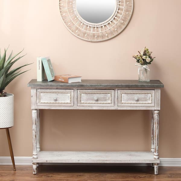 LuxenHome Farmhouse 48 in. White/Dark Gray Standard Rectangle Wood Console Table with Drawers